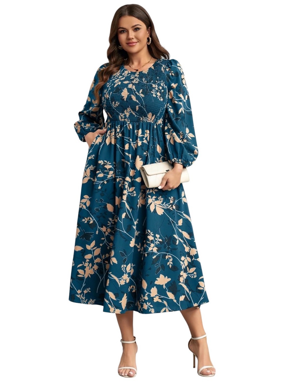 RWJ Fall Smocked Midi Dress Floral Lake Blue Long Sleeve Size Large